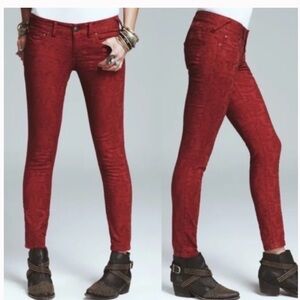NWT Free People Vintage Jacquard Textured Skinny Stretch Jean Cranberry Size: 28